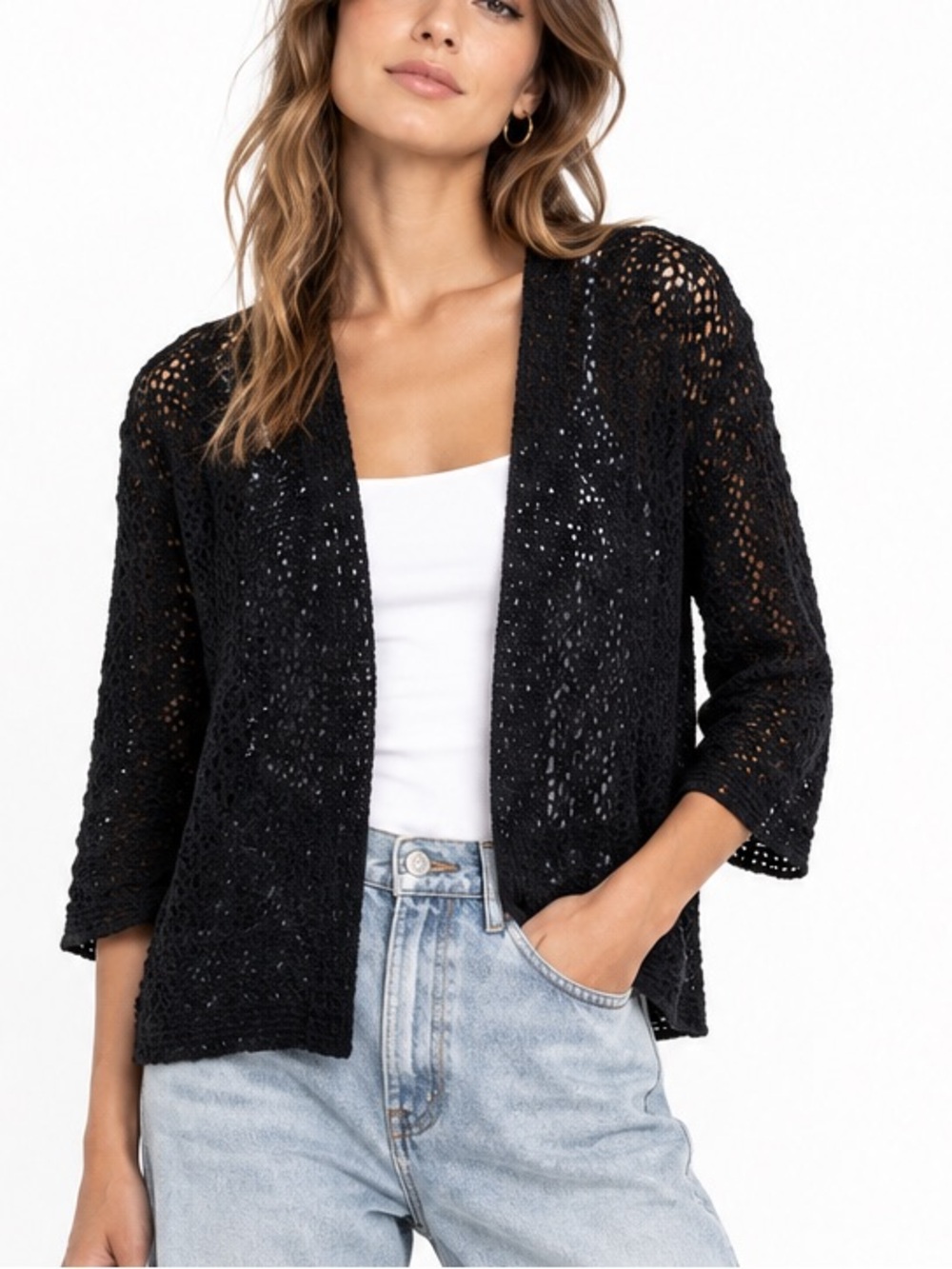 Handmade vintage Black Crochet Women's Cardigan sz M 3/4 sleeve whimsigoth boho